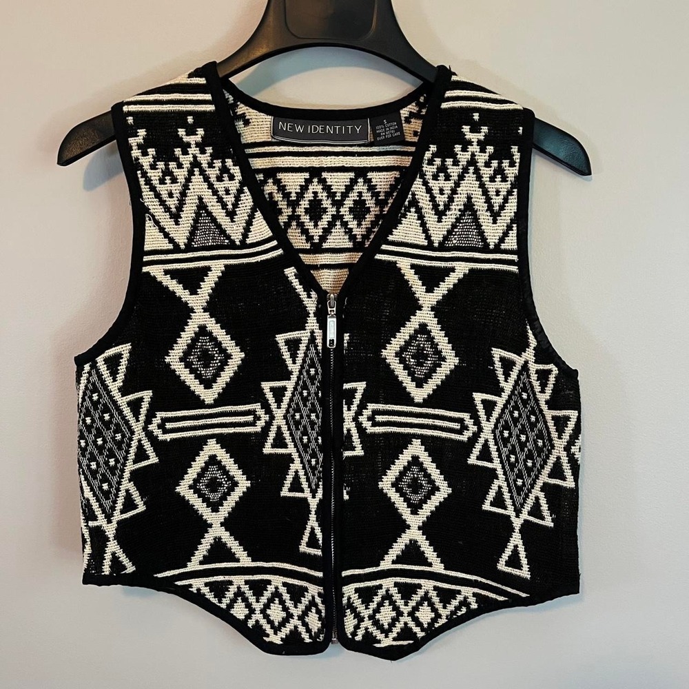 Vintage Black White Geometric Boho Western Vest S Country Ranch